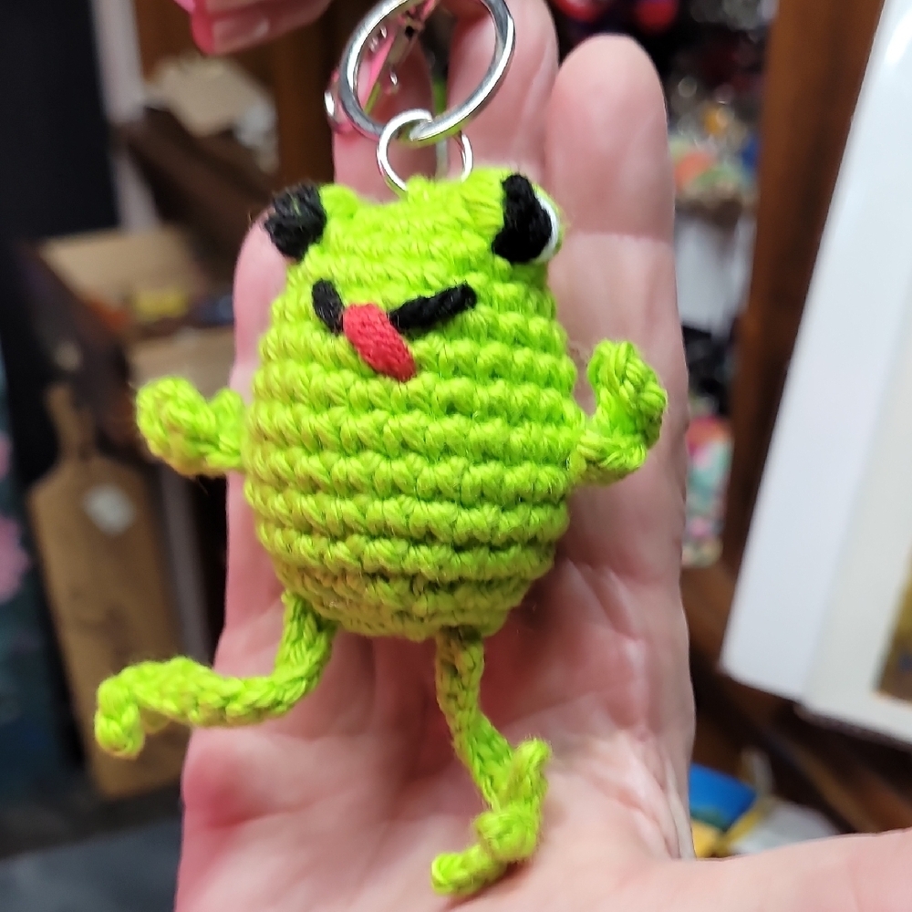 Whimsical Green and Red Crochet Keychain Charm